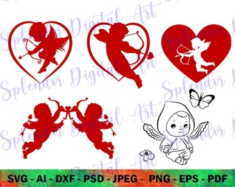 ANGEL CUPID HEART Svg Bundle | Set of 4 PNGs for Cricut | Guardian Angel Valentines Day Décor