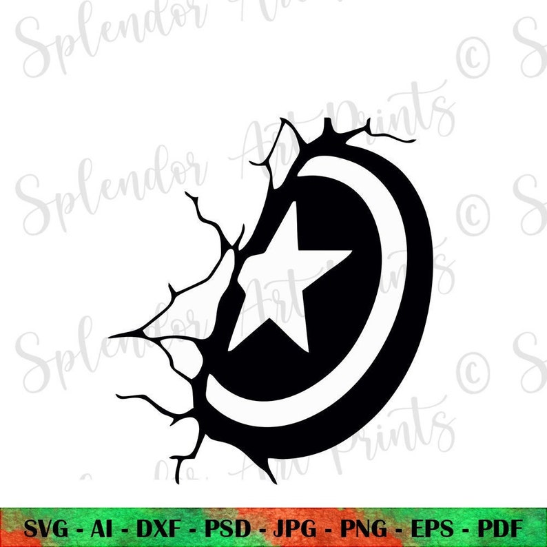 May include: Black and white silhouette of a star inside a circle with a white stripe, breaking through a cracked wall.