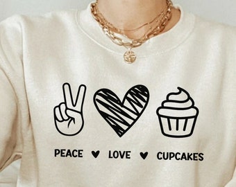 Frieden Liebe Cupcakes SVG PNG & geschnittene Dateien für Cricut, Liebe Cupcake png, Cupcake svg, Muffin svg, Herz Peace Zeichen Shirt