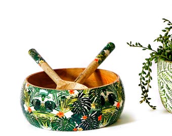 Artistic Handmade Forest Green Printed Wooden Bowls for salad, pasta, dough & much more