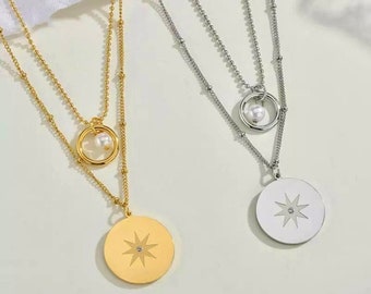 Gold Star Necklace, Celestial Jewelry, Gold Coin Necklace, Starburst Necklace, Constellation Necklace, Star Pendant Necklace, North Star