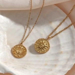 Gold Sun Necklace, Pave Sun Necklace, Gold Disc Necklace, Sun Jewelry, Celestial Necklace, Tarnish Free, PVD Necklace, Boho Jewelry image 2