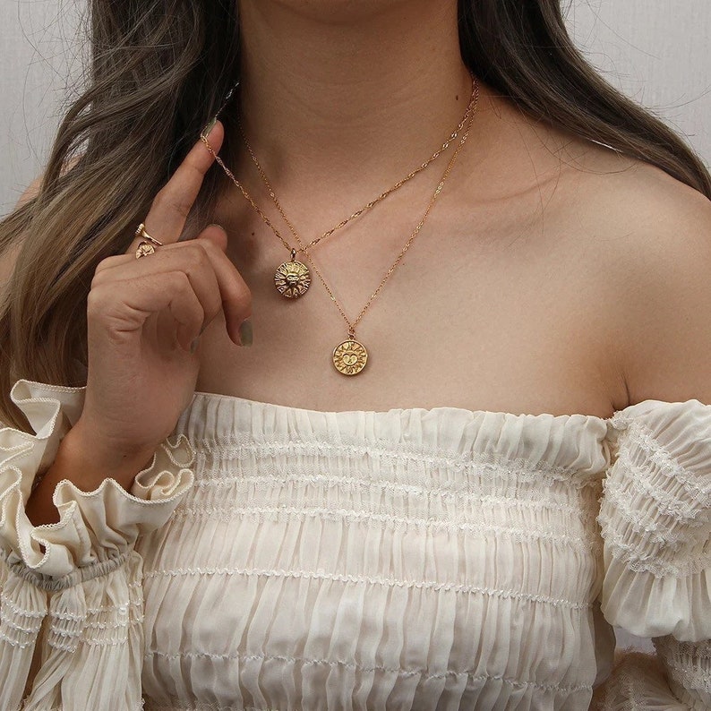 Gold Sun Necklace, Pave Sun Necklace, Gold Disc Necklace, Sun Jewelry, Celestial Necklace, Tarnish Free, PVD Necklace, Boho Jewelry image 1