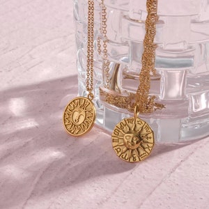 Gold Sun Necklace, Pave Sun Necklace, Gold Disc Necklace, Sun Jewelry, Celestial Necklace, Tarnish Free, PVD Necklace, Boho Jewelry image 3