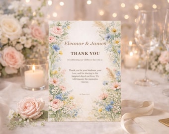 ワイルドフラワーウェディングサンキューカード（水彩画風、カスタマイズ可能）、メドウリヴェリーフローラルエンゲージメントサンキューカード（即時ダウンロード）