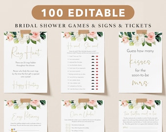 Bridal Shower Games, Floral Gold Printable Bridal Shower Games, Minimalist Wedding Shower Games, Editable Bridal Party Games, Bride or Groom