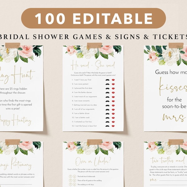 Bridal Shower Games, Floral Gold Printable Bridal Shower Games, Minimalist Wedding Shower Games, Editable Bridal Party Games, Bride or Groom