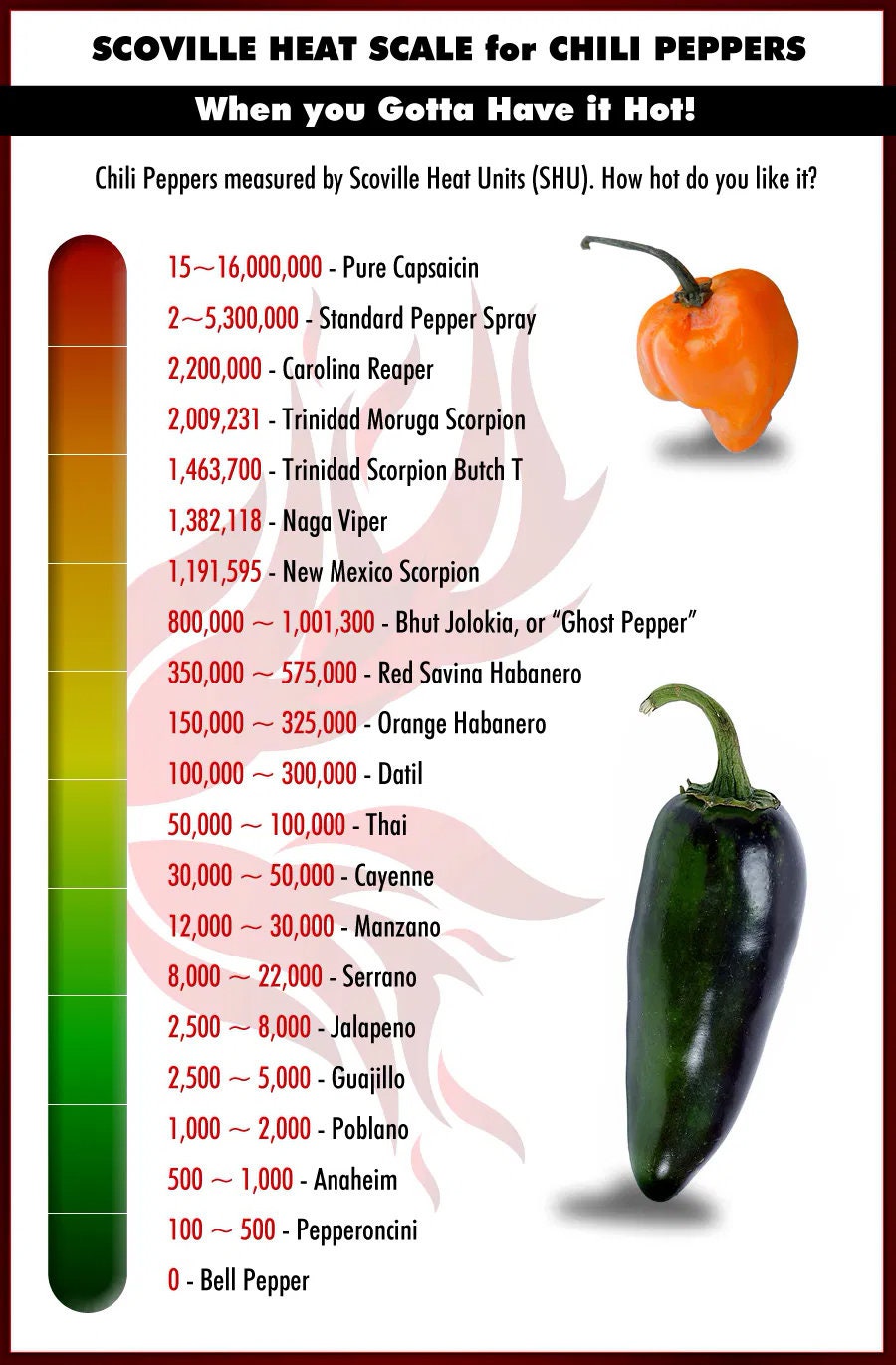 A List Of Chili Peppers And Their Scoville Heat Units Shus From Hottest 