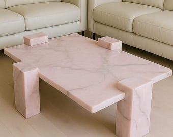 手作りのピンクオニキスコーヒーテーブル、インレイ大理石リビング