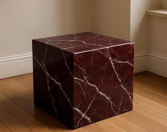 Handmade Rosso Lavanto Marble Cube Table, Minimalist Display Pedestal
