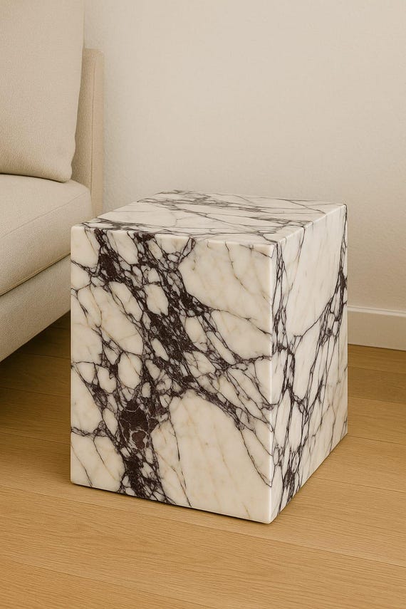 Calacatta Viola Marble Cube Table, Modern Plinth Pedestal, Tall Pedestal