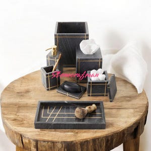 Set da bagno in marmo nero, porta carta in marmo nero, porta spazzolino da denti in marmo nero, set da bagno in pietra, set di dispenser di sapone da 7 pezzi