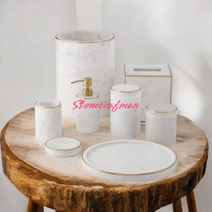 Set da bagno in marmo bianco, porta carta in marmo bianco, porta spazzolino da denti in marmo bianco, set da bagno in pietra, set di 7 dispenser di sapone
