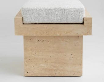 Modern Travertine Accent Stool, Minimalist Geometric Stone Seat