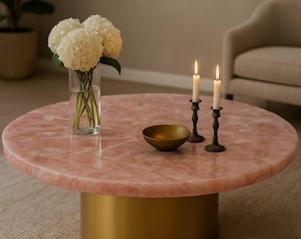Rose Quartz Coffee Table With Golden Base, Elegant Selenite Coffee Table for Living Room – Handcrafted Beauty Marble Round Table, 30&quot; Dia