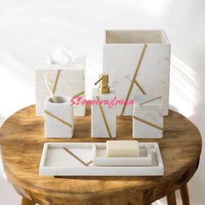 Set da bagno in marmo bianco, porta carta in marmo bianco, porta spazzolino da denti in marmo bianco, set da bagno in pietra, set di 7 dispenser di sapone