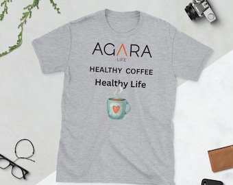 AGARA Coffee Camiseta unisex de manga corta con texto "Café Saludable, Vida Saludable"