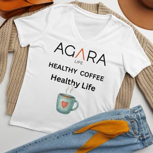 AGARA Coffee Front Back Healthy Coffee Healthy Life Women’s relaxed v-neck t-shirt