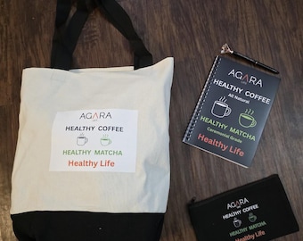 Conjunto AGARA: bolso de mano, cuaderno de espiral a juego, bolígrafo con joyas, neceser.