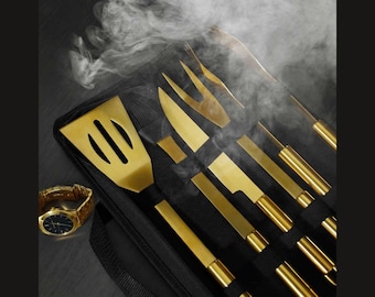 Millionaire Golden BBQ-gereedschap, set van 5 barbecuegereedschappen met tas
