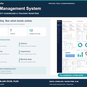 May include: An HSE Management System Excel safety dashboard and tracking register digital download. The layout features 8 KPI cards, 7 charts, 12 connected tabs, and 6 tracking registers including incidents, actions, observations, inspections, training, and monthly data.