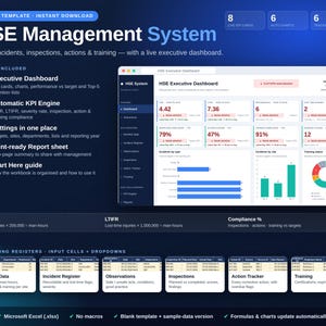 May include: An Excel template for an HSE Management System featuring a blue background with white text. It displays an executive dashboard with KPI cards, auto charts, and tracking registers for incidents, inspections, actions, and training.