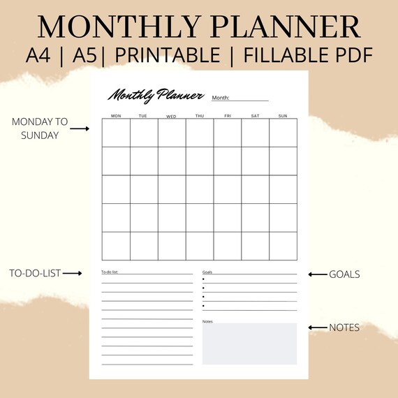 Monthly Planner Printable Monthly Planner Minimalist Monthly - Etsy