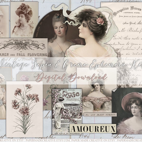 Vintage Sepia Cream Rose Ephemera Kit | Victorian Printable Papers Images Digital Download