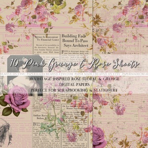 Vintage Rosa Grunge Rosen Blumenpapiere Ephemera Briefpapier | Scrapbooking Collage Sheets | Druckbare digitale Datei