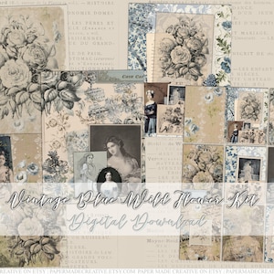 Vintage Blaue Wilde Blume Ephemera Kit | Junk Journaling Scrapbook Digitaler Download