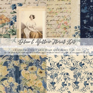 Coisas efêmeras florais amarelas azuis dos papeis de papelaria | Folhas de colagem de scrapbooking | Download digital para impressão