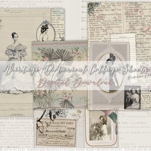 Folhas de colagem botânica vitoriana vintage A4 | Cartões efêmeros Diário Scrapbook Papel digital