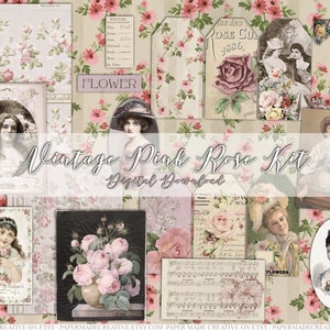 Vintage Pink Rose Ephemera Kit Ver. 2 / Descarga digital imprimible Diario Etiquetas Carpeta Pegatinas Papel