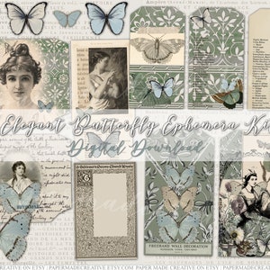 Vintage Elegant Green Blue Butterfly Ephemera Kit | Junk Journaling Scrapbook Printable Digital Download