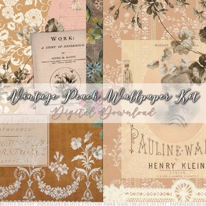 Vintage Pfirsich Blumen-Tapeten-Kit | Buchstaben Antique Scrapbooking Papier Collage Sheets | Druckbare digitale Datei