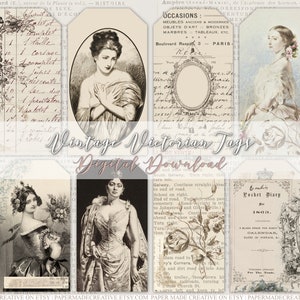 Etiquetas de regalo botánicas vintage de la época victoriana / Efímeras imprimibles para álbum de recortes, descarga digital