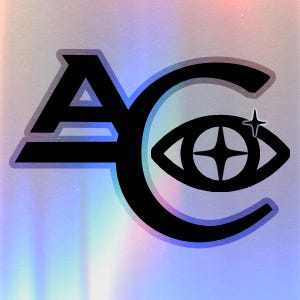 May include: Black and white logo with the letters "AC" and a stylized eye with a star in the center. The eye is inside the letter "C".