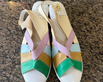 Vintage Womens 10W Multi Colorblock Slingback Sandals Low Block Heel