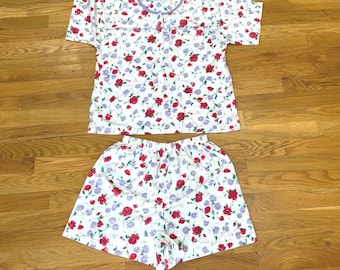 Enkelt Basic Vintage Blommig Pyjamas Set Mellanstor Röd Vallmo Lila Blommor 2 Delad