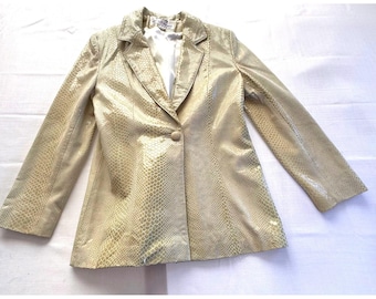 Blazer vintage Dero Rocco D'Amelio de piel de serpiente amarillo verdoso, talla pequeña, de diseñador, estilo Y2K Glam.