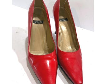 Stuart Weitzman Red Patent Leather Pointed Toe Pumps Spool Heel Size 6B