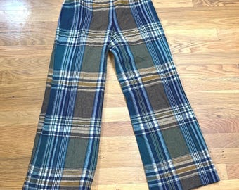 Pantaloni vintage da donna in lana a quadri, verde acqua e marrone, gamba larga, vita alta, anni '70.