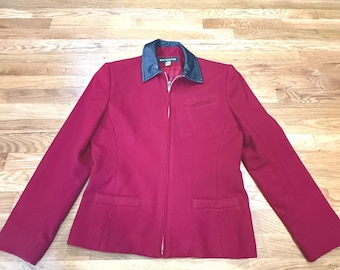 New Frontier Vintage Red 100% Wolle Zip Jacke Schwarz Leder Kragen USA Made M