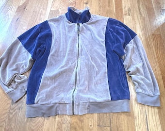 Giacca sportiva da uomo Norm Thompson in velluto, con blocchi di colore blu e marrone chiaro, cerniera intera e collo alto, taglia M.
