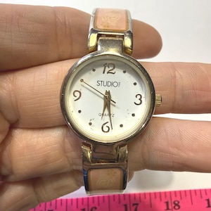Studio Time Womens Quartz Watch Gold Tone Pink Floral Hinged Cuff Bangle Analog