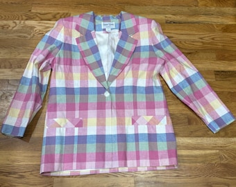 Sharon Young Sportswear Vintage Pastel Plaid Linen Cotton Blazer Made in USA 14