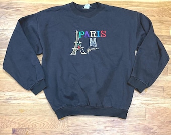 Sudadera negra vintage grande con cuello redondo bordada Euro Souvenir Paris France Paris France