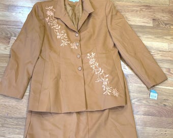 Karen Stuart Vintage Camel Brown Floral Embroidered 2 Piece Pant Suit Womens 16