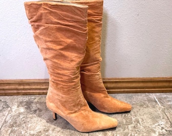 Womens Genuine Leather Upper Suede Slouch Tall Boots Kitten Heel Square Toe 8M