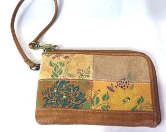 Fossil Genuine Leather Wristlet Brown Zip Wallet Floral Patchwork